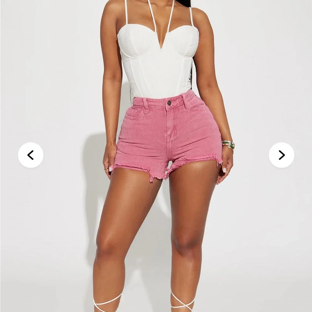 Fashion nova raspberry into you non stretch cut off Pink Distressed Denim Shorts - Picture 2 of 4